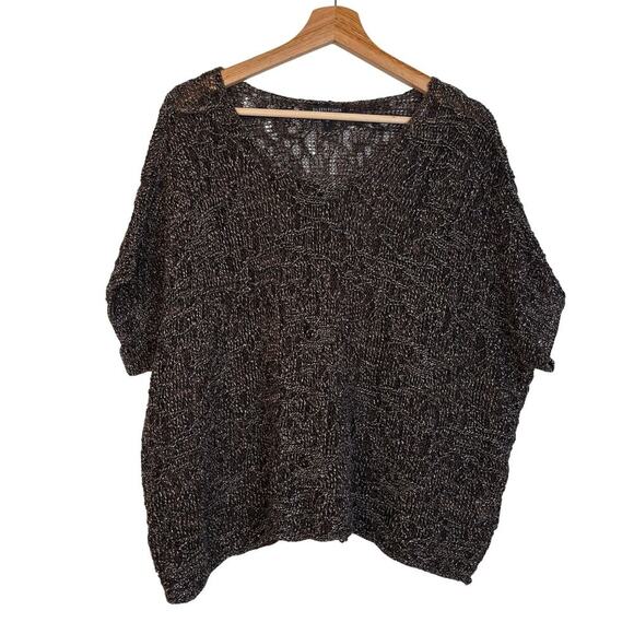 Eileen Fisher Italian Yarn Linen Top Sz Large Metallic Gold Brown Open Knit Boho - Picture 3 of 8